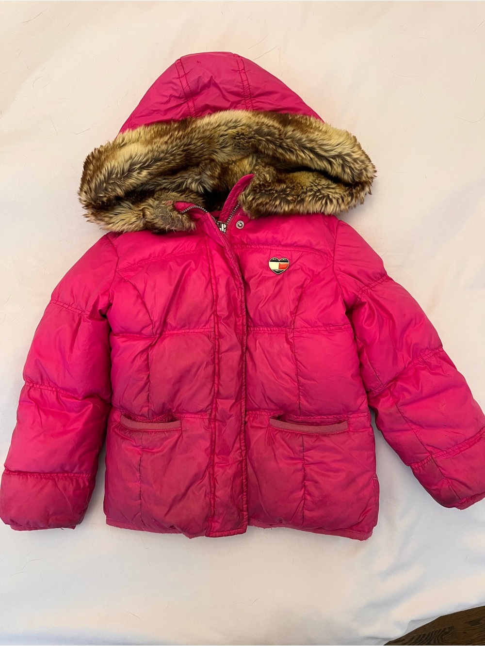 Tommy Hilfiger Girls Bright Pink Puffer Coat with Faux Fur Hood